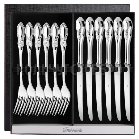 СЕРЕБРЯНЫЙ СТОЛОВЫЙ НАБОР "КУПЕЧЕСКИЙ" (6 ВИЛОК, 6 НОЖЕЙ)  - СЕВЕРНАЯ ЧЕРНЬ