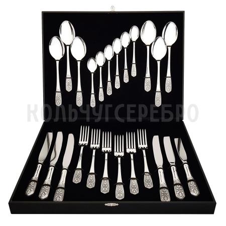 СТОЛОВЫЙ НАБОР ИЗ МЕЛЬХИОРА "ВИЗИРЬ" С ЧЕРНЕНИЕМ (24 ПРЕДМЕТА) – КОЛЬЧУГИНСКИЙ МЕЛЬХИОР