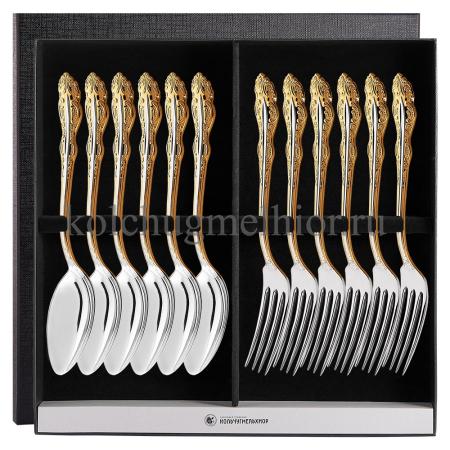 СТОЛОВЫЙ НАБОР ИЗ МЕЛЬХИОРА "ЮБИЛЕЙНЫЙ" С ПОЗОЛОТОЙ (6 ВИЛОК, 6 ЛОЖЕК) – КОЛЬЧУГИНСКИЙ МЕЛЬХИОР