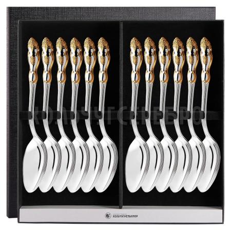 СТОЛОВЫЙ НАБОР ИЗ МЕЛЬХИОРА "ГЕРБ" С ПОЗОЛОТОЙ (12 ЛОЖЕК) – КОЛЬЧУГИНСКИЙ МЕЛЬХИОР