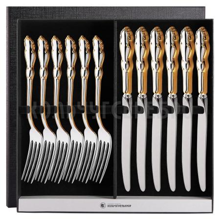 СТОЛОВЫЙ НАБОР ИЗ МЕЛЬХИОРА "ЛИРА" С ПОЗОЛОТОЙ (6 ВИЛОК, 6 НОЖЕЙ) – КОЛЬЧУГИНСКИЙ МЕЛЬХИОР