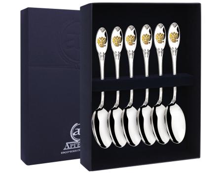 СЕРЕБРЯНЫЙ СТОЛОВЫЙ НАБОР "ЕДИНСТВО" С ПОЗОЛОТОЙ (6 ЧАЙНЫХ ЛОЖЕК) – АРГЕНТА