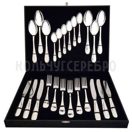 СТОЛОВЫЙ НАБОР ИЗ МЕЛЬХИОРА "КАПЕЛЬКА" КОВАННАЯ (24 ПРЕДМЕТА) – КОЛЬЧУГИНСКИЙ МЕЛЬХИОР