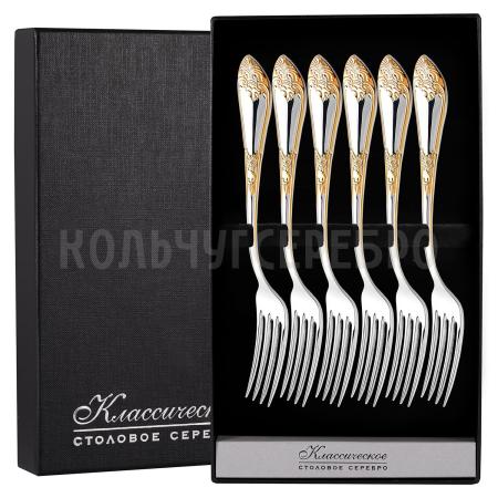 СЕРЕБРЯНЫЙ ДЕСЕРТНЫЙ НАБОР "ДВОРЦОВЫЙ" С ПОЗОЛОТОЙ М-17 (6 ДЕСЕРТНЫХ ВИЛОК)