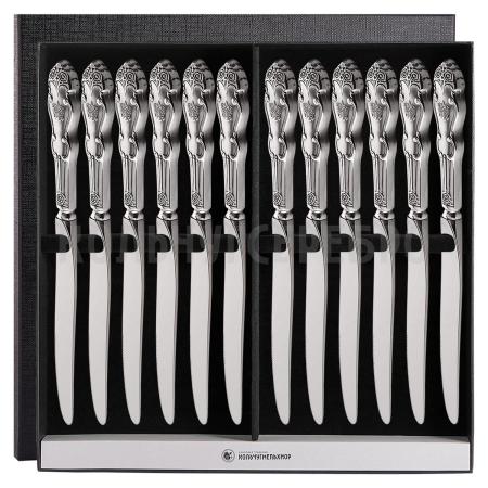 СТОЛОВЫЙ НАБОР ИЗ МЕЛЬХИОРА "ГЕРБ" С ЧЕРНЕНИЕМ (12 НОЖЕЙ) – КОЛЬЧУГИНСКИЙ МЕЛЬХИОР