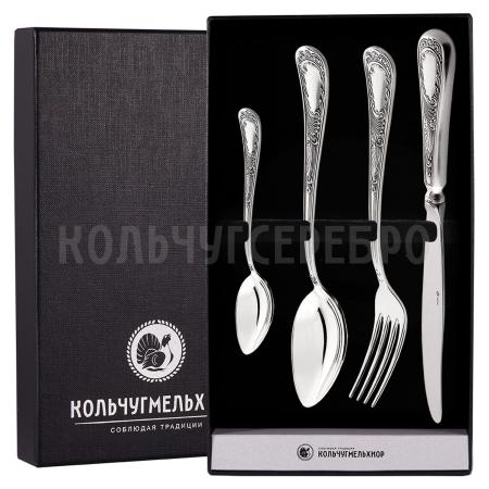 СТОЛОВЫЙ НАБОР ИЗ МЕЛЬХИОРА "ГЛОРИЯ" С ЧЕРНЕНИЕМ (4 ПРЕДМЕТА) – МСТЕРСКИЙ ЮВЕЛИР