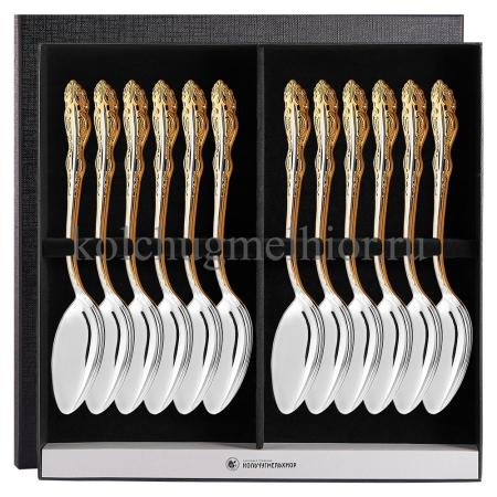 СТОЛОВЫЙ НАБОР ИЗ МЕЛЬХИОРА "ЮБИЛЕЙНЫЙ" С ПОЗОЛОТОЙ (12 ЛОЖЕК) – КОЛЬЧУГИНСКИЙ МЕЛЬХИОР