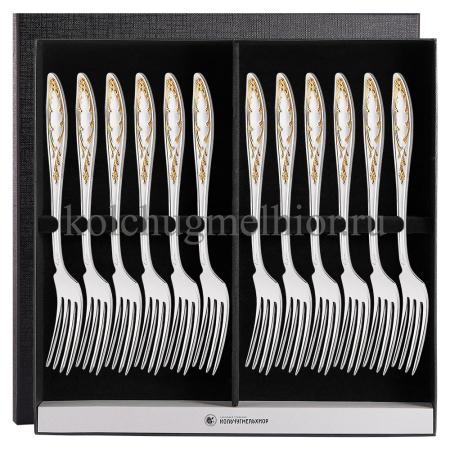 СТОЛОВЫЙ НАБОР ИЗ МЕЛЬХИОРА "ПЛАМЯ" С ПОЗОЛОТОЙ (12 ВИЛОК) – КОЛЬЧУГИНСКИЙ МЕЛЬХИОР