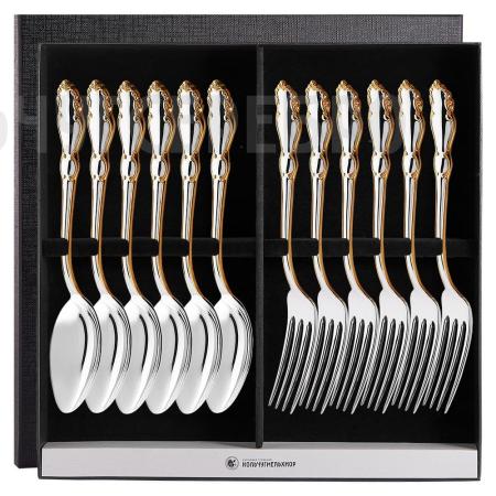 СТОЛОВЫЙ НАБОР ИЗ МЕЛЬХИОРА "ЛИРА" С ПОЗОЛОТОЙ (6 ВИЛОК, 6 ЛОЖЕК) – КОЛЬЧУГИНСКИЙ МЕЛЬХИОР