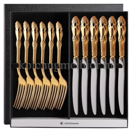 МЕЛЬХИОРОВЫЙ СТОЛОВЫЙ НАБОР "РОЗА" ПОЗОЛОЧЕННАЯ (6 ВИЛОК, 6 НОЖЕЙ) – КОЛЬЧУГИНСКИЙ МЕЛЬХИОР