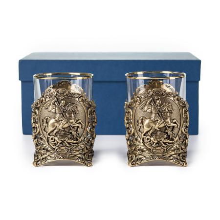 СТАКАН ДЛЯ ВИСКИ "ГЕОРГИЙ ПОБЕДОНОСЕЦ" НОВЫЙ ЛАТУННЫЙ 2 ШТ