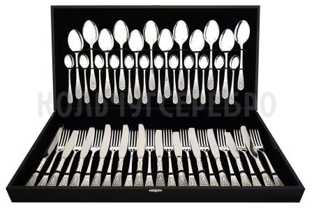 СТОЛОВЫЙ НАБОР ИЗ МЕЛЬХИОРА "ВИЗИРЬ" С ЧЕРНЕНИЕМ (48 ПРЕДМЕТОВ) – КОЛЬЧУГИНСКИЙ МЕЛЬХИОР