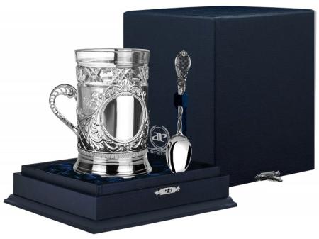 СЕРЕБРЯНЫЙ ПОДСТАКАННИК "БАРОККО" С ЛОЖКОЙ – АРГЕНТА