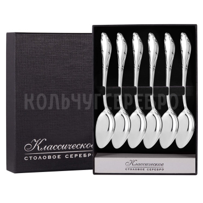 СЕРЕБРЯНЫЙ СТОЛОВЫЙ НАБОР "АФРОДИТА" С ЧЕРНЕНИЕМ (6 ЧАЙНЫХ ЛОЖЕК) - МСТЕРСКИЙ ЮВЕЛИР