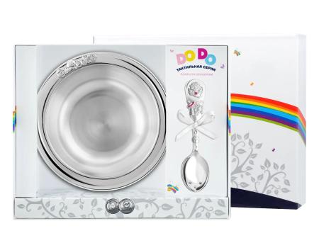 ДЕТСКАЯ ТАРЕЛКА С ЛОЖКОЙ "АНГЕЛ" С РОЗОВОЙ ЭМАЛЬЮ – КОЛЬЧУГИНСКИЙ МЕЛЬХИОР