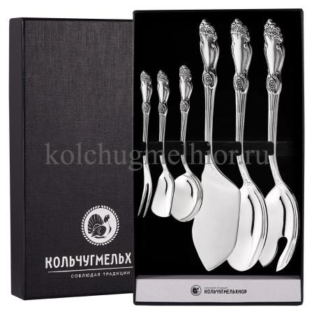 СЕРВИРОВОЧНЫЙ НАБОР ИЗ МЕЛЬХИОРА "РОЗА" С ЧЕРНЕНИЕМ (6 ПРЕДМЕТОВ) – КОЛЬЧУГИНСКИЙ МЕЛЬХИОР