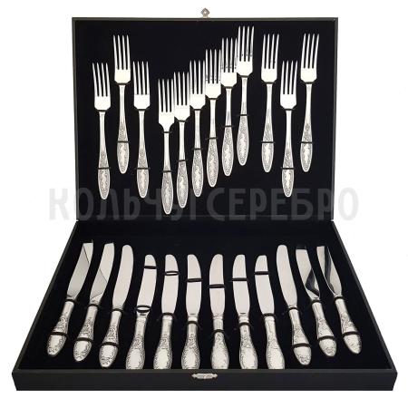 СТОЛОВЫЙ НАБОР ИЗ МЕЛЬХИОРА "ПЛАМЯ" (12 ВИЛОК, 12 НОЖЕЙ) – КОЛЬЧУГИНСКИЙ МЕЛЬХИОР