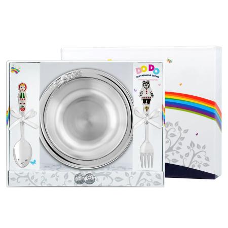 ТАРЕЛКА С ЛОЖКОЙ "МАША" И ВИЛКОЙ "МИША " ЦВЕТ. ЭМАЛЬ – КОЛЬЧУГИНСКИЙ МЕЛЬХИОР