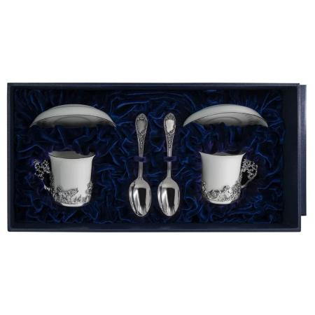 СЕРЕБРЯНАЯ КОФЕЙНАЯ ПАРА "КАБАНЫ" С ЧЕРНЕНИЕМ С ЛОЖКАМИ И БЛЮДЦАМИ – АРГЕНТА