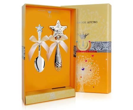 ДЕТСКИЙ НАБОР: ЛОЖКА И ПОГРЕМУШКА "ЗВЕЗДА" №1 – АРГЕНТА