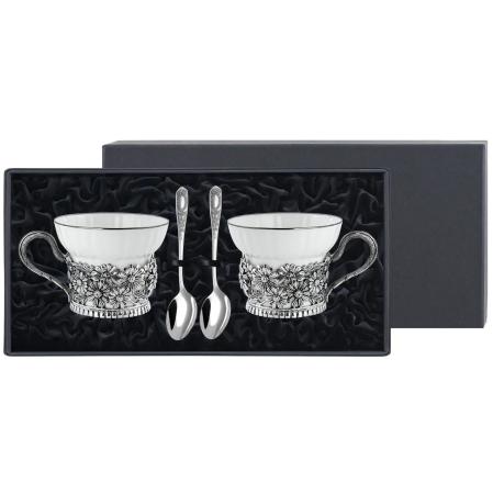 НАБОР ДЛЯ ЧАЯ "РОМАШКИ" С ЧЕРНЕНИЕМ (ПАРА) – КОЛЬЧУГИНСКИЙ МЕЛЬХИОР