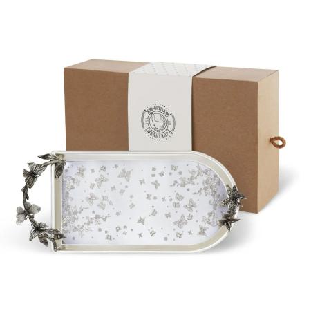 ПОДНОС ДЛЯ ЧАЯ С НАКЛАДКАМИ "БАБОЧКИ" С ГРАВИРОВКОЙ – КОЛЬЧУГИНСКИЙ МЕЛЬХИОР