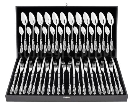 Серебряные столовые приборы купить в Москве СЕРЕБРЯНЫЙ СТОЛОВЫЙ НАБОР "КУПЕЧЕСКИЙ" С ЧЕРНЕНИЕМ (48 ПРЕДМЕТОВ) - СЕВЕРНАЯ ЧЕРНЬ