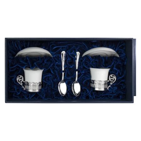 СЕРЕБРЯНАЯ КОФЕЙНАЯ ПАРА "БОГЕМА" С БЛЮДЦАМИ И ЛОЖКАМИ – АРГЕНТА