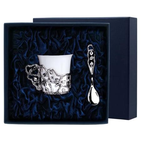 СЕРЕБРЯНАЯ КОФЕЙНАЯ ЧАШКА "ЛИСТОПАД" С ЧЕРНЕНИЕМ И ЛОЖКОЙ – АРГЕНТА