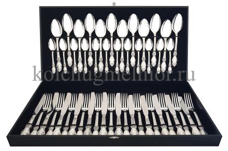 СТОЛОВЫЙ НАБОР ИЗ МЕЛЬХИОРА "РОЗА" С ЧЕРНЕНИЕМ (48 ПРЕДМЕТОВ) – КОЛЬЧУГИНСКИЙ МЕЛЬХИОР