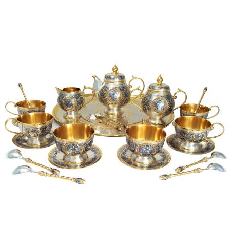 СЕРЕБРЯНЫЙ ЧАЙНЫЙ НАБОР "ДЕРЖАВНЫЙ" (24 ПРЕДМЕТА) – СЕВЕРНАЯ ЧЕРНЬ