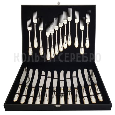 СТОЛОВЫЙ НАБОР ИЗ МЕЛЬХИОРА "КАПЕЛЬКА" С ПОЗОЛОТОЙ (12 ВИЛОК, 12 НОЖЕЙ) – КОЛЬЧУГИНСКИЙ МЕЛЬХИОР