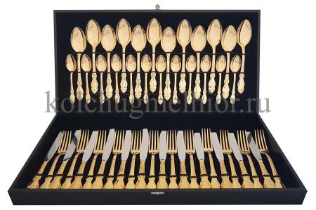 МЕЛЬХИОРОВЫЙ СТОЛОВЫЙ НАБОР "РОЗА" ПОЗОЛОЧЕННАЯ (48 ПРЕДМЕТОВ) – КОЛЬЧУГИНСКИЙ МЕЛЬХИОР