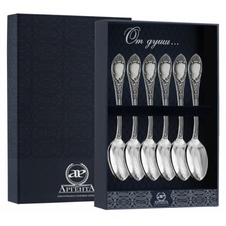 СЕРЕБРЯНЫЙ СТОЛОВЫЙ НАБОР "ПРЕСТИЖ" С ЧЕРНЕНИЕМ (6 ЧАЙНЫХ ЛОЖЕК) – АРГЕНТА