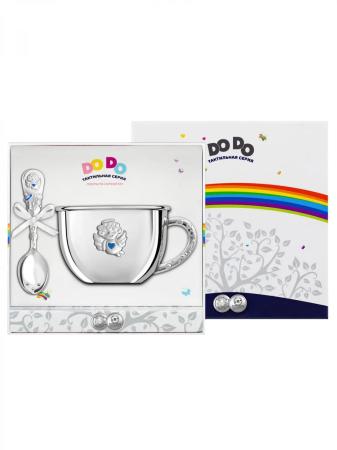 ДЕТСКАЯ БУЛЬОННИЦА С ЛОЖКОЙ "АНГЕЛ" С ГОЛУБОЙ ЭМАЛЬЮ – КОЛЬЧУГИНСКИЙ МЕЛЬХИОР