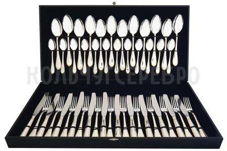 СТОЛОВЫЙ НАБОР ИЗ МЕЛЬХИОРА "КАПЕЛЬКА" С ПОЗОЛОТОЙ (48 ПРЕДМЕТОВ) – КОЛЬЧУГИНСКИЙ МЕЛЬХИОР