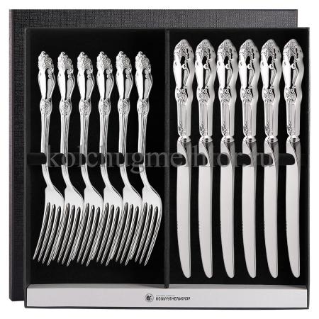 СТОЛОВЫЙ НАБОР ИЗ МЕЛЬХИОРА "РОЗА" (6 ВИЛОК, 6 НОЖЕЙ) – КОЛЬЧУГИНСКИЙ МЕЛЬХИОР