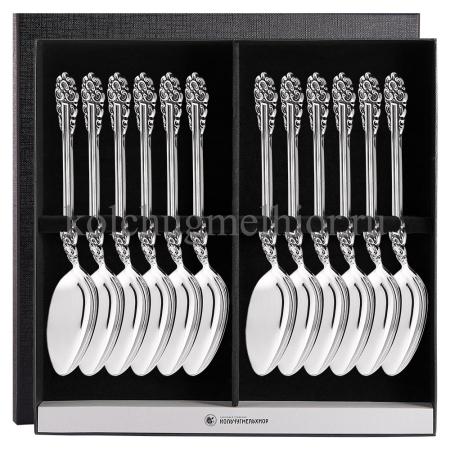 СТОЛОВЫЙ НАБОР ИЗ МЕЛЬХИОРА "ПРАЗДНИЧНЫЙ" С ЧЕРНЕНИЕМ (12 ЛОЖЕК) – КОЛЬЧУГИНСКИЙ МЕЛЬХИОР