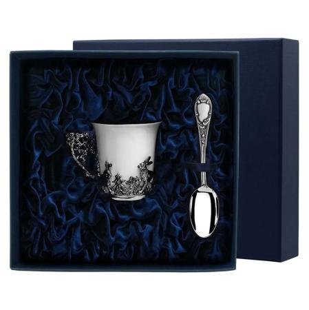 СЕРЕБРЯНАЯ КОФЕЙНАЯ ЧАШКА "ЗАЙЦЫ" С ЧЕРНЕНИЕМ И ЛОЖКОЙ – АРГЕНТА