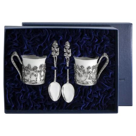 СЕРЕБРЯНАЯ КОФЕЙНАЯ ПАРА "РОЗА" С ЧЕРНЕНИЕМ №1 – АРГЕНТА