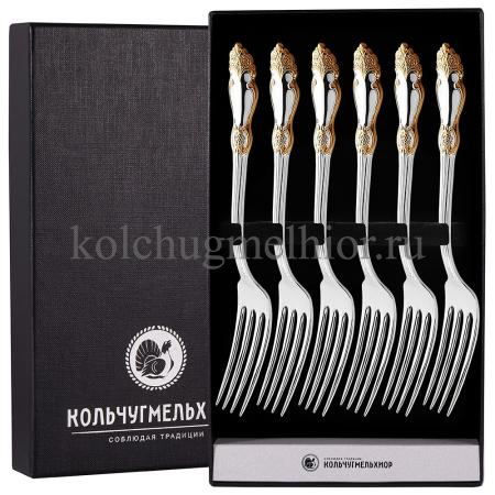 ДЕСЕРТНЫЙ НАБОР ИЗ МЕЛЬХИОРА "РОЗА" С ПОЗОЛОТОЙ (6 ДЕСЕРТНЫХ ВИЛОК) – КОЛЬЧУГИНСКИЙ МЕЛЬХИОР