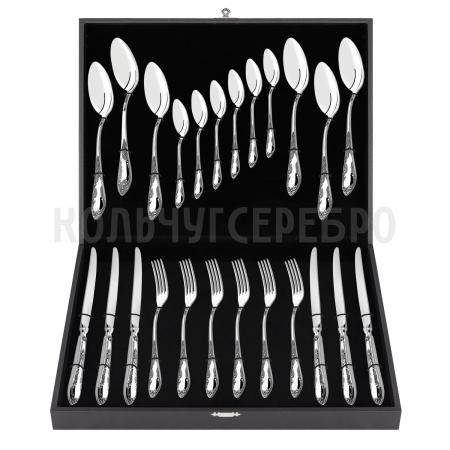 СЕРЕБРЯНЫЙ СТОЛОВЫЙ НАБОР "ПОСОЛЬСКИЙ" М-18 С ЧЕРНЕНИЕМ (24 ПРЕДМЕТА) – ПАВЛОВСКИЙ ЗАВОД
