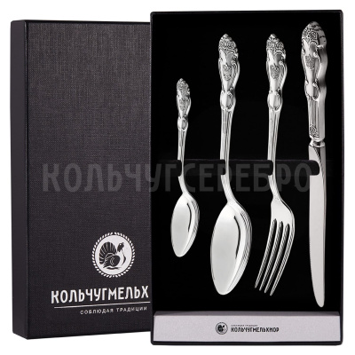 СТОЛОВЫЙ НАБОР ИЗ МЕЛЬХИОРА "ГЕРБ" С ЧЕРНЕНИЕМ (4 ПРЕДМЕТА) – КОЛЬЧУГИНСКИЙ МЕЛЬХИОР