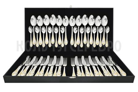 СЕРЕБРЯНЫЙ СТОЛОВЫЙ НАБОР "ВЕСНА" С ПОЗОЛОТОЙ (48 ПРЕДМЕТОВ) – КРАСНАЯ ПРЕСНЯ