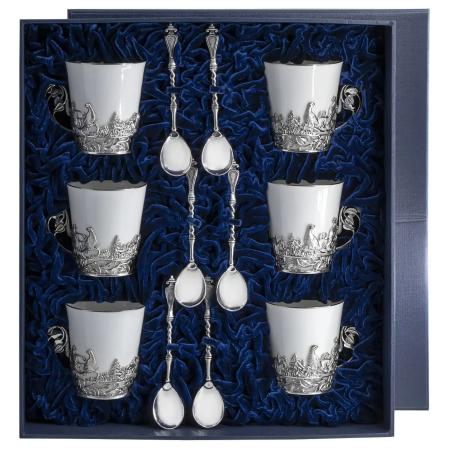 НАБОР СЕРЕБРЯНЫХ ЧАЙНЫХ ПАР "ТЕТЕРЕВ" С ЧЕРНЕНИЕМ – АРГЕНТА