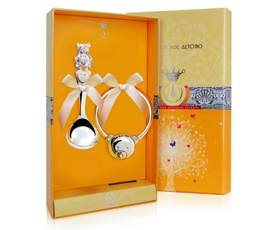 ДЕТСКИЙ НАБОР: ЛОЖКА И ПОГРЕМУШКА "МИШКА" №2 – АРГЕНТА