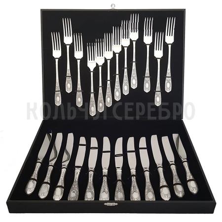 СТОЛОВЫЙ НАБОР ИЗ МЕЛЬХИОРА "№1" С ЧЕРНЕНИЕМ (12 ВИЛОК, 12 НОЖЕЙ) - КОЛЬЧУГИНСКИЙ МЕЛЬХИОР
