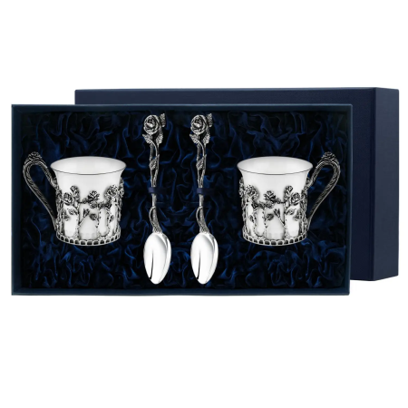 СЕРЕБРЯНАЯ КОФЕЙНАЯ ПАРА "РОЗАЛИЯ" С ЧЕРНЕНИЕМ – АРГЕНТА