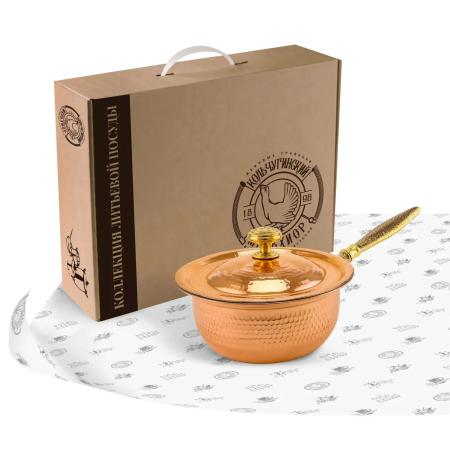 СОТЕЙНИК МЕДНЫЙ "КМ" КОВАННЫЙ С КРЫШКОЙ (ЛУЖЕНИЕ) 1,5 ЛИТРА – КОЛЬЧУГИНСКИЙ МЕЛЬХИОР