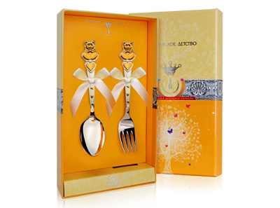 ДЕТСКИЕ СТОЛОВЫЕ ПРИБОРЫ "МИШКА С СЕРДЕЧКАМИ" С ПОЗОЛОТОЙ (2 ПРЕДМЕТА) – АРГЕНТА